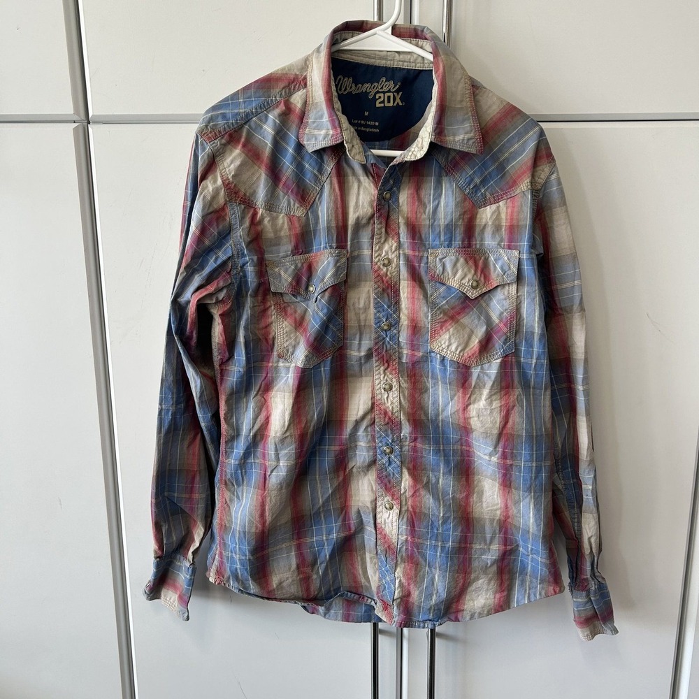Wrangler 20X Mens Medium Plaid Western Snap Long Sleeve Shirt Blue Red MJ1420M